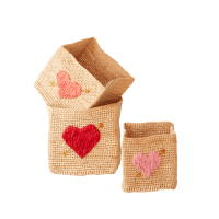 Set of 3 Raffia Storage Baskets Embroidered Hearts Rice DK
